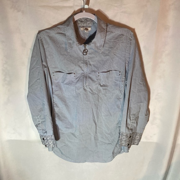 croft & barrow Tops - 46-6 CROFT & BARROW white blue striped long sleeve half zip pull over top L